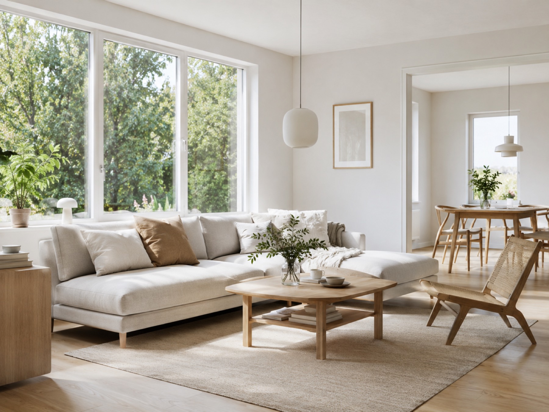 Lys minimalistisk stue med store vinduer
