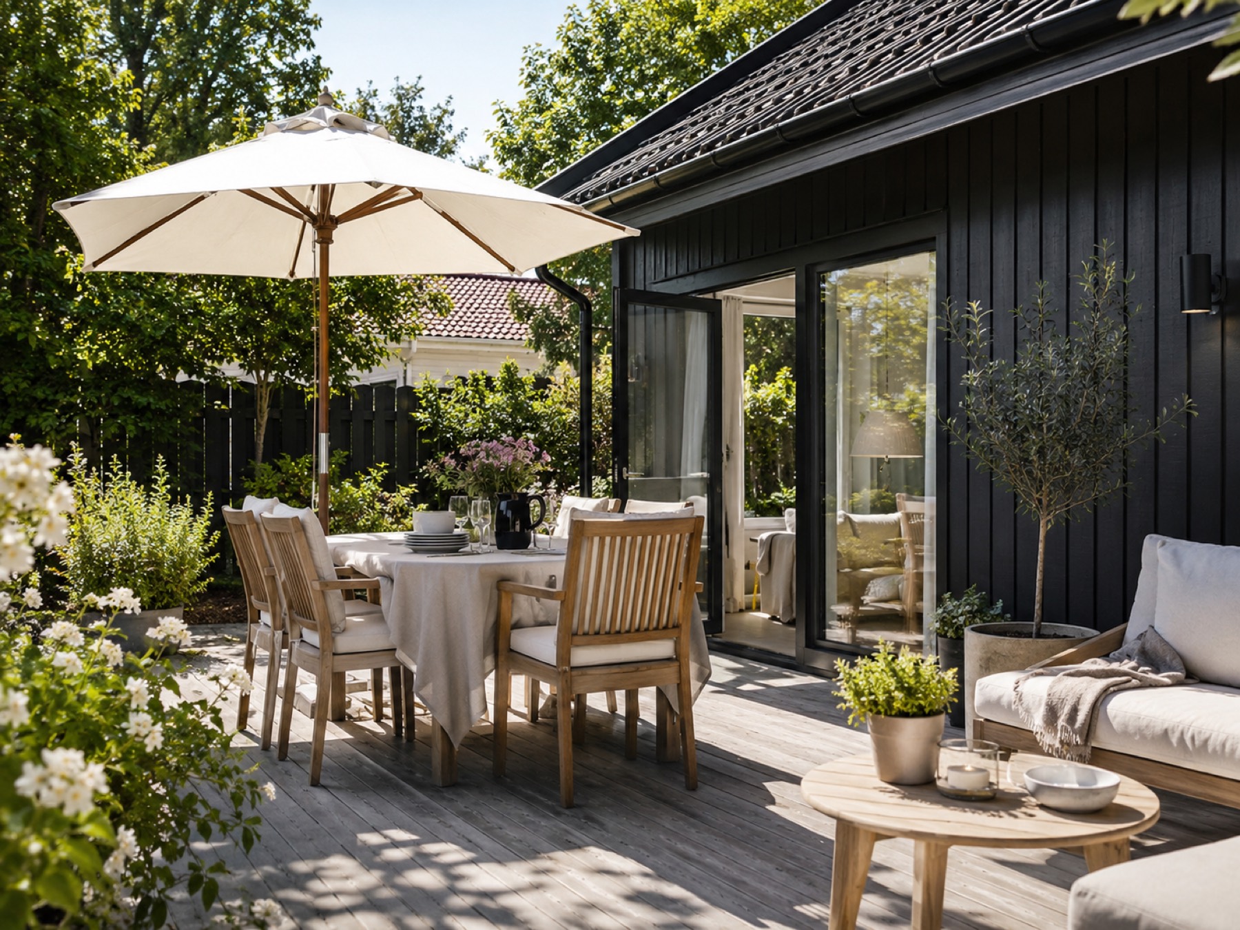 Terrasse med utemøbler bak nordisk hus