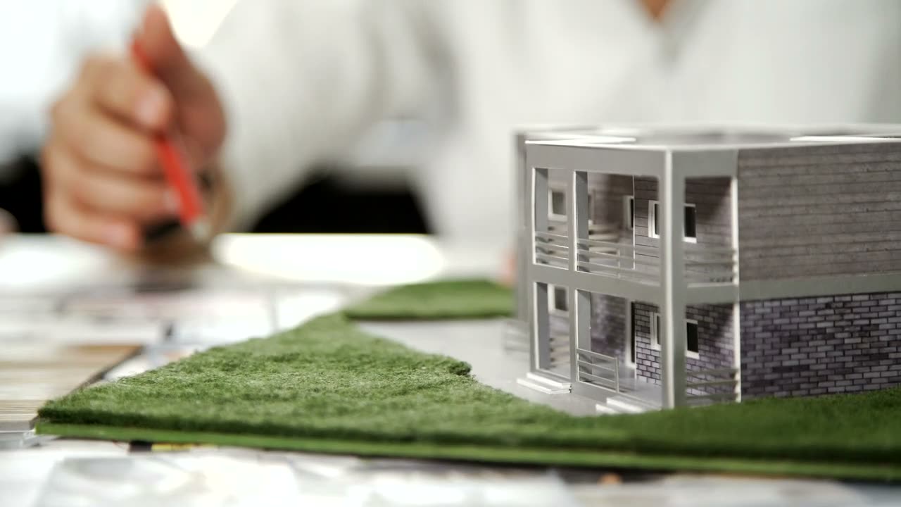 Arkitekt plasserer en fysisk husmodell på modellbordet
