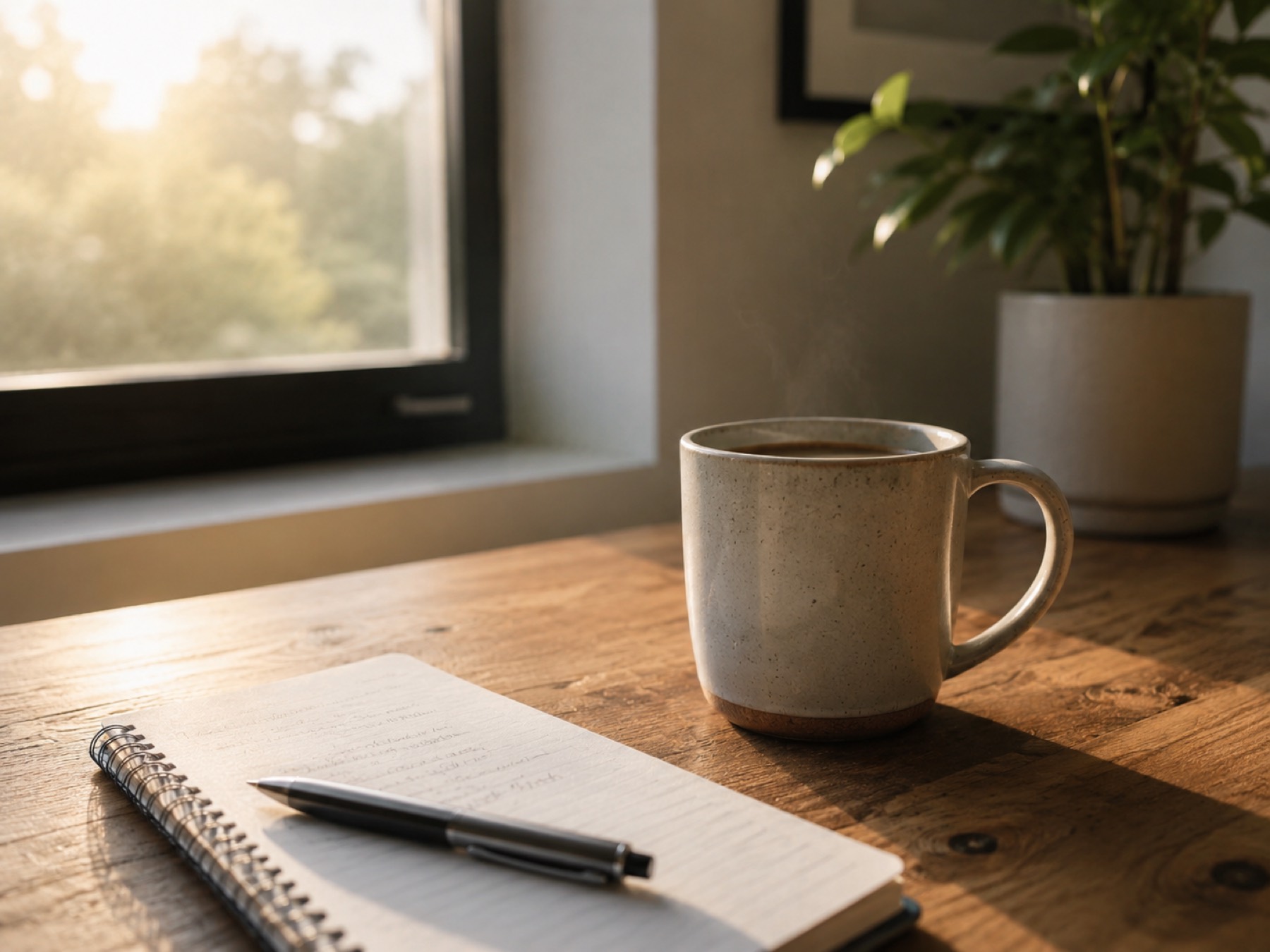 Kaffekopp ved notatbok på skrivebord i morgenlys