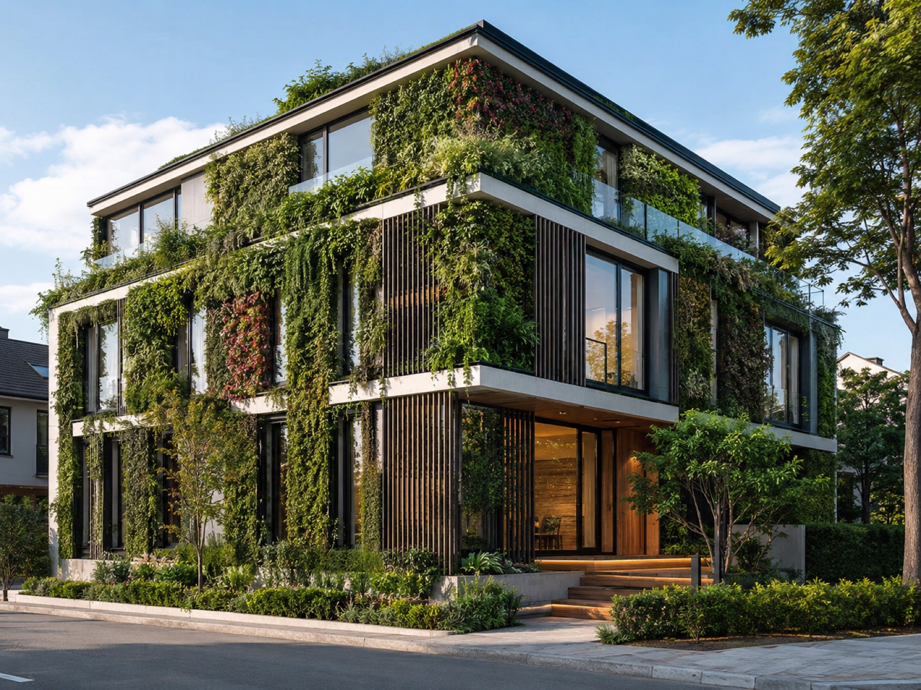 Boligbygg med grønn plantekledd fasade
