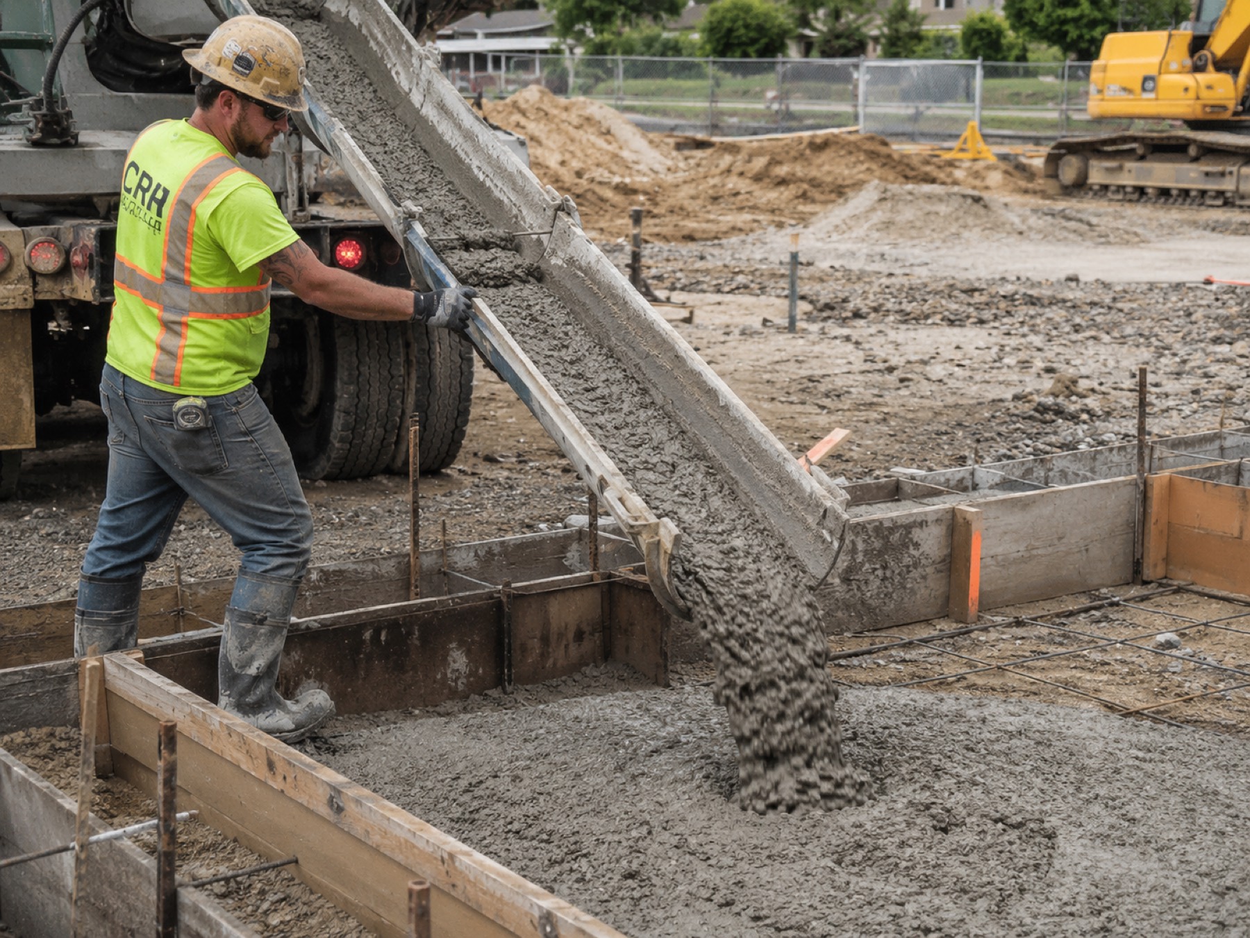 Betong helles til fundament på byggeplass