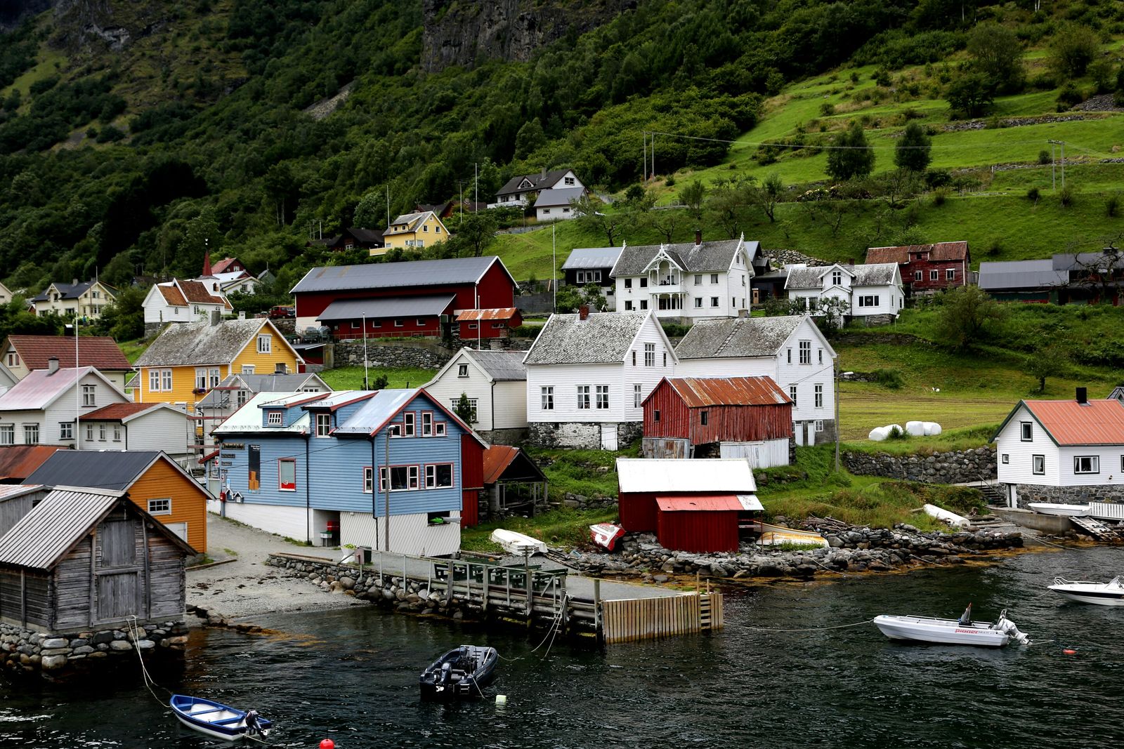 Norske trehus ved fjorden