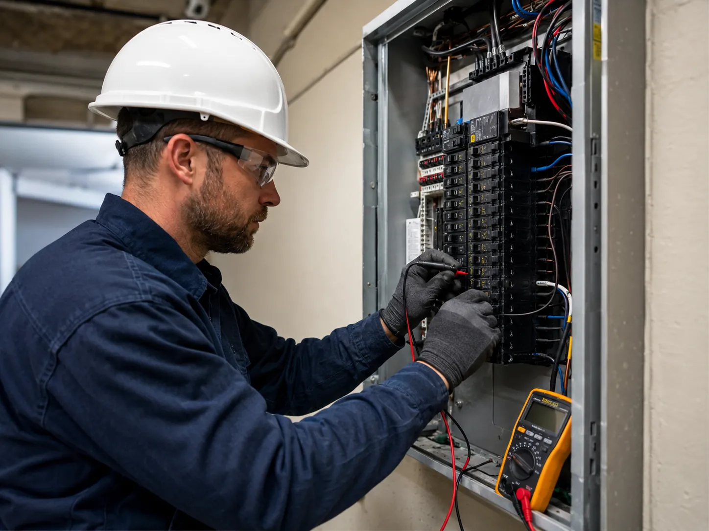 Elektriker fra Berg Elektro tester sikringsskap med multimeter